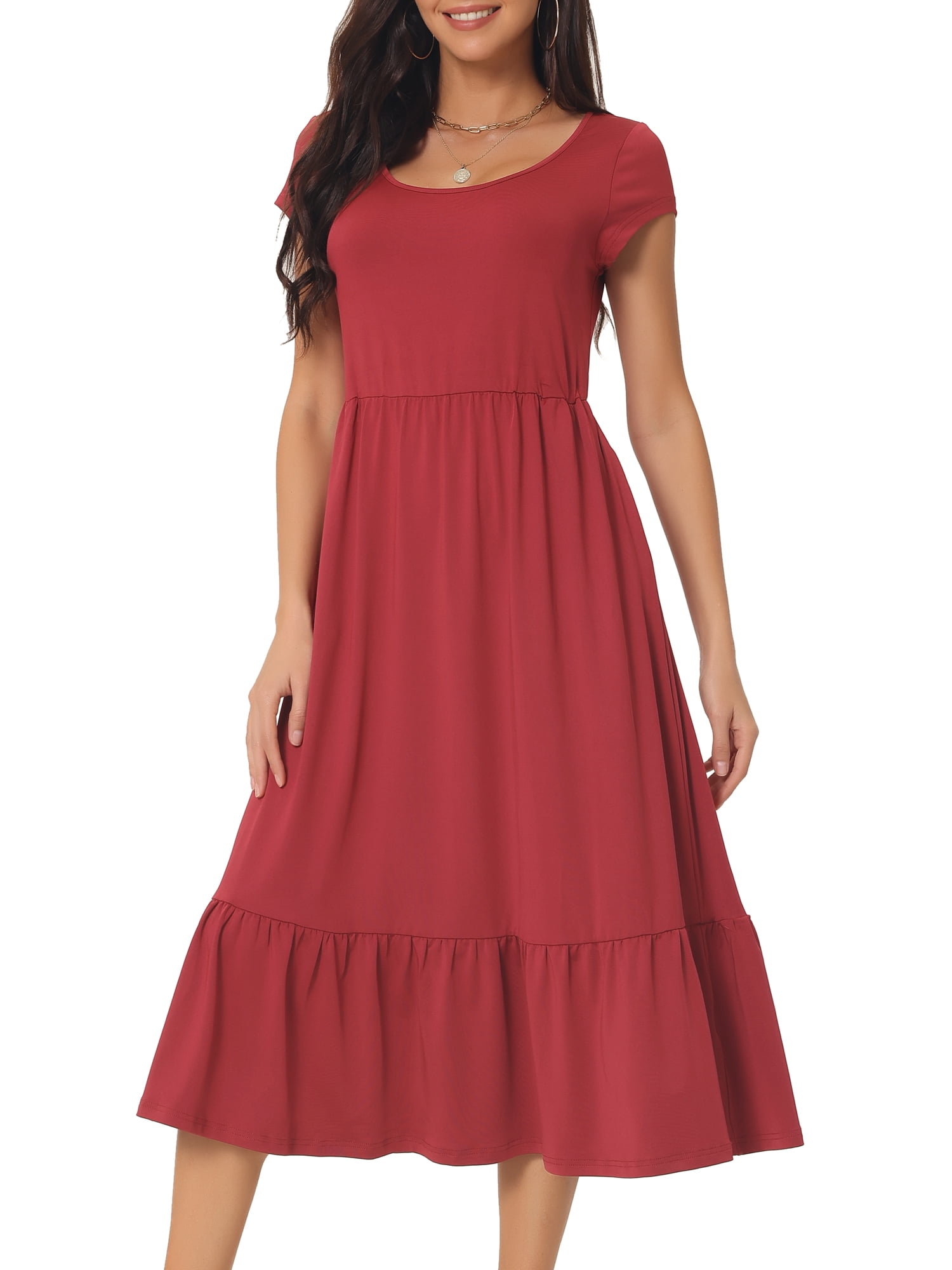 Unique Bargains Women's Tiered Round Neck Ruffle Hem Short Cap Sleeve Knit Midi Dress S Wine Red