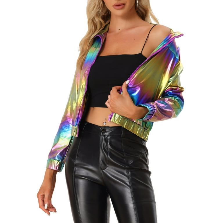 Unique Bargains Women s Track Holographic Shiny Metallic Zip Front Jacket L Multicolor Walmart