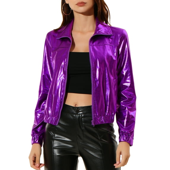 Unique Bargains Women's Track Holographic Shiny Metallic Zip Front Jacket XL Purple