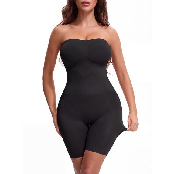 DARING DIVA Women's Tube Top Shapewear Bodysuit Mid Thigh Jumpsuit S Black