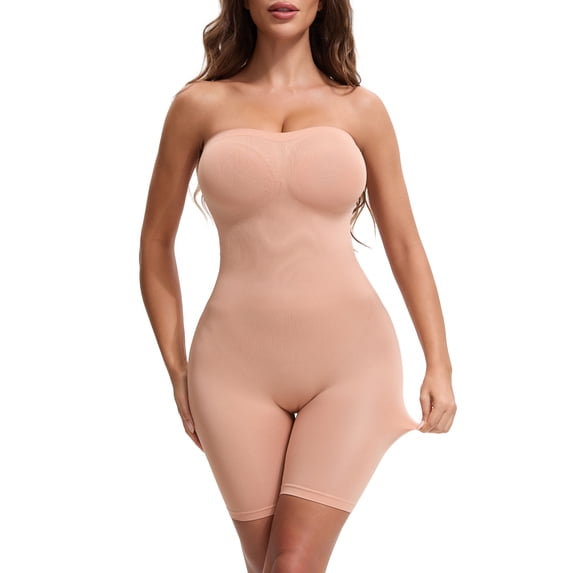 DARING DIVA Women's Tube Top Shapewear Bodysuit Mid Thigh Jumpsuit XL Beige