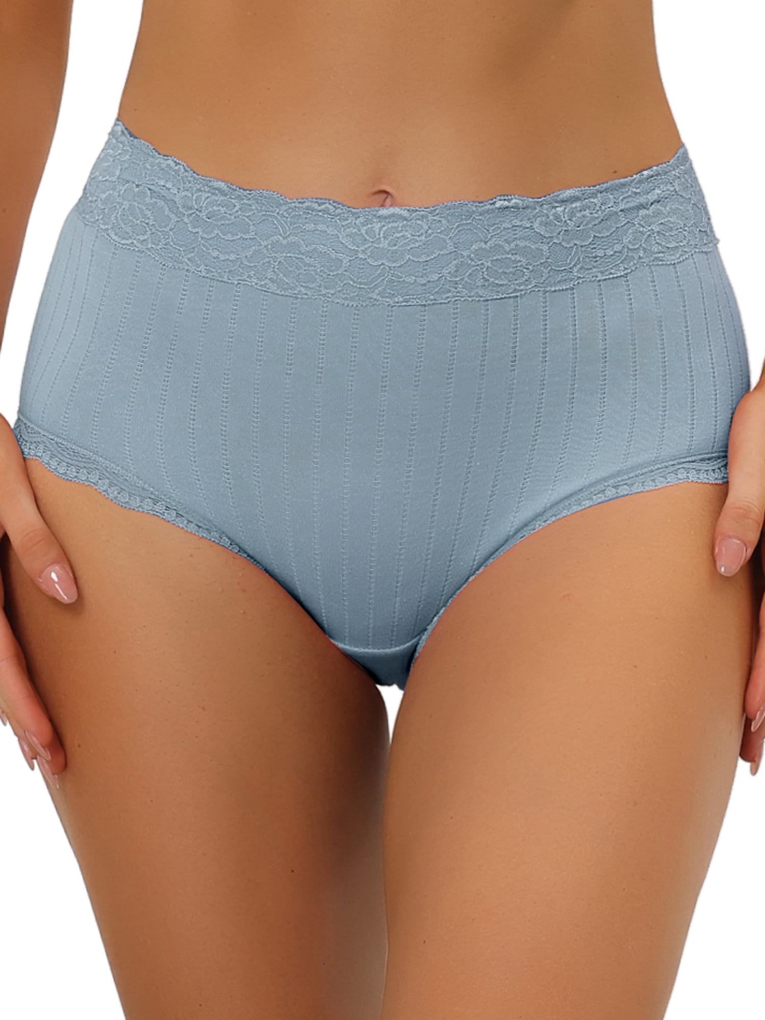 Unique Bargains Women's Tummy Control Lace Trim Ribbed Soft Underwear L Light Blue