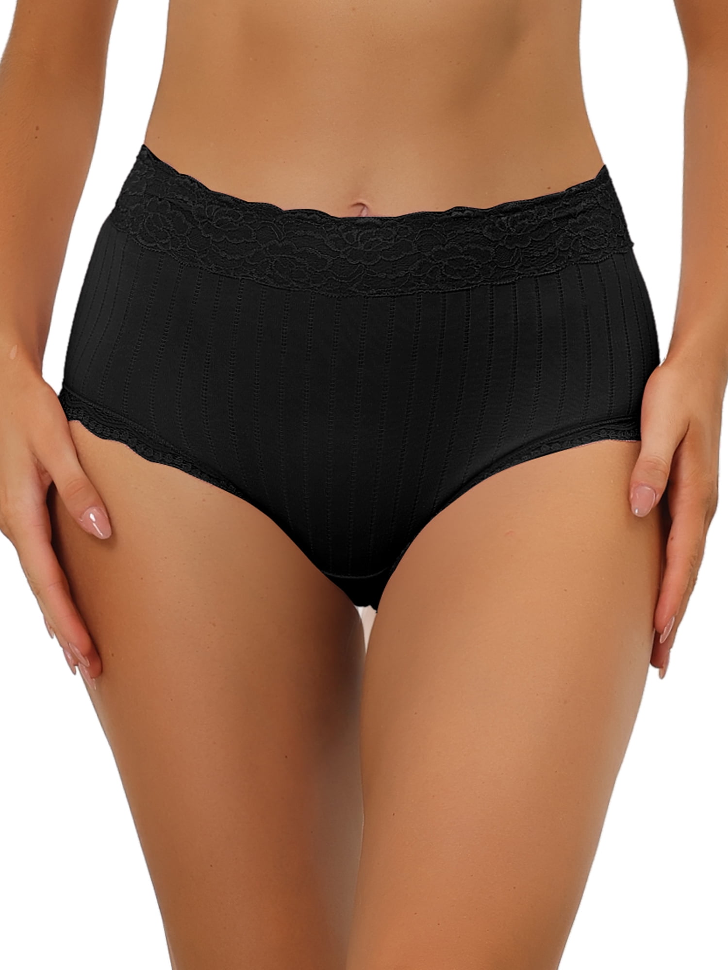 Unique Bargains Women's Tummy Control Lace Trim Ribbed Soft Underwear S Black