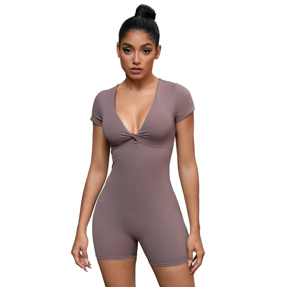 Unique Bargains Women's Tummy Control Short Sleeve Shapewear Bodysuits M Brown