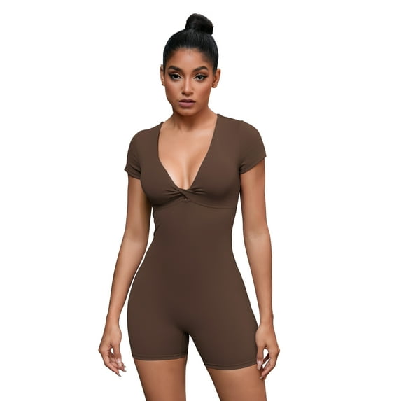 Unique Bargains Women's Tummy Control Short Sleeve Shapewear Bodysuits S Dark Brown