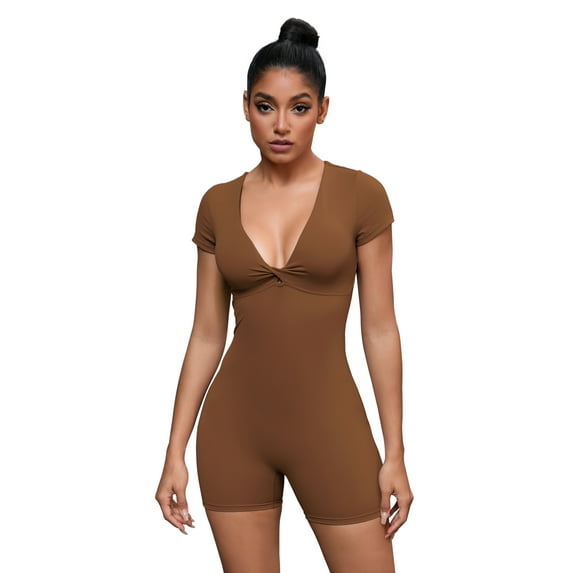 Unique Bargains Women's Tummy Control Short Sleeve Shapewear Bodysuits XL Caramel