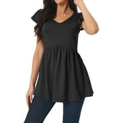 Unique Bargains Women's Tunics T Shirt Ruffle Flowy Hide Belly V Neck Babydoll Top S Black