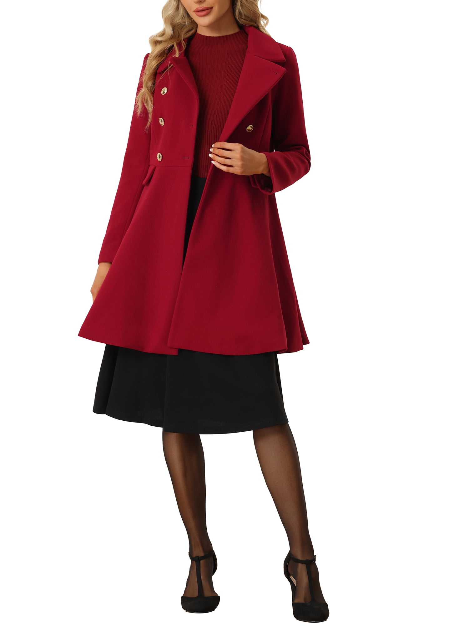 Unique Bargains Women's Turn Down Collar Pocket Flap Double Breasted