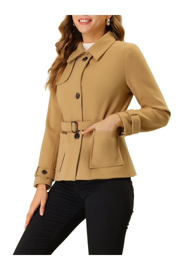 Women's Turn-Down Collar Single Breasted Belted Winter Pea Coat