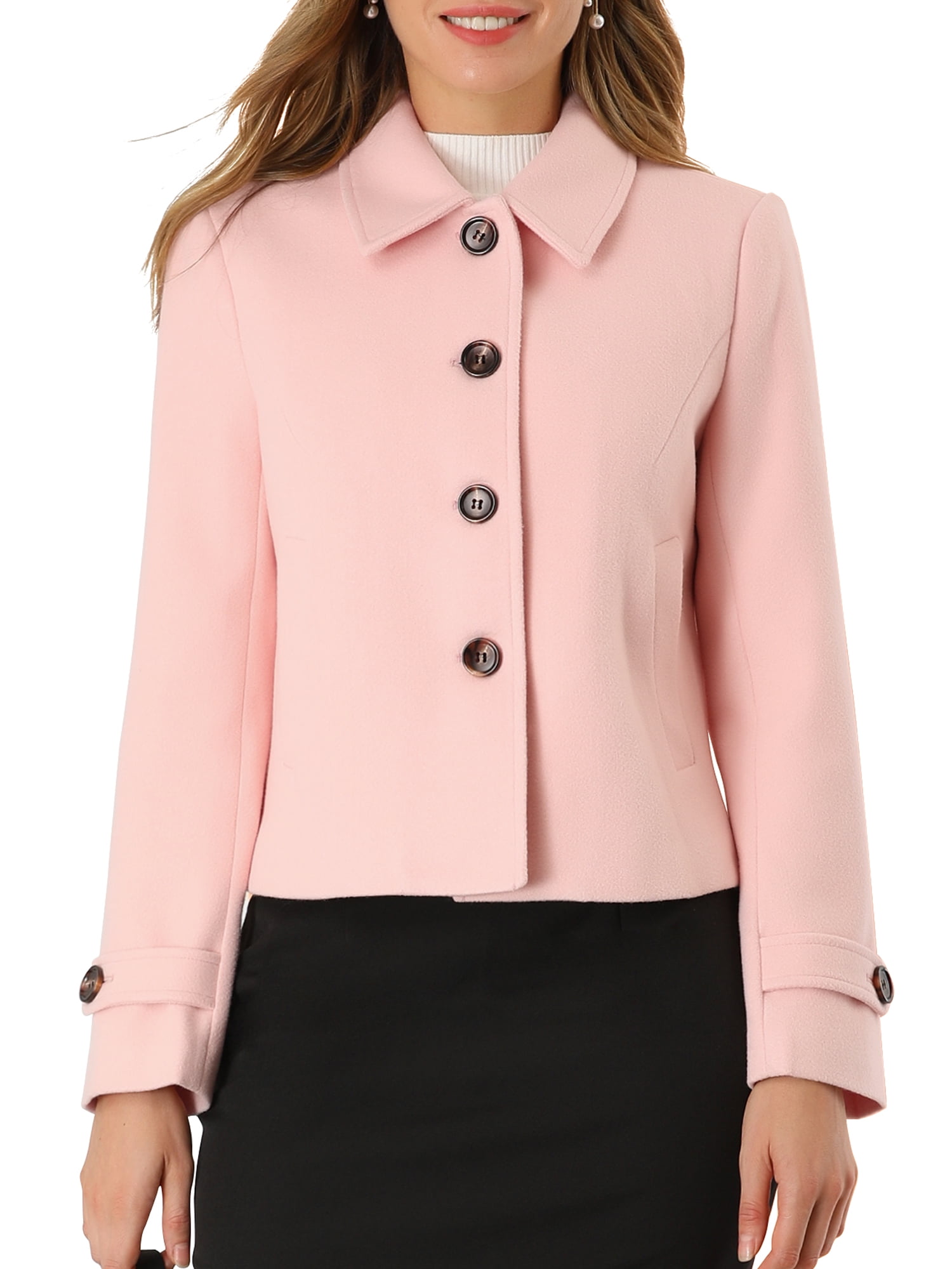 DARING DIVA Women's Turn Down Collar Single Breasted Outwear Winter Pea Coat Pink M