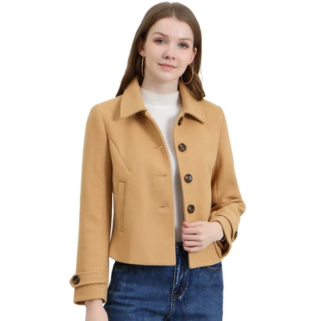 DARING DIVA Women's Crop Pea Coat Turn Down Single Breasted Winter Outwear S Khaki