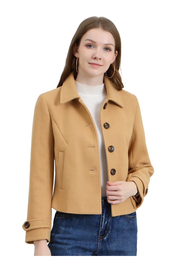 Women's Turn Down Collar Single Breasted Outwear Winter Pea Coat Khaki S