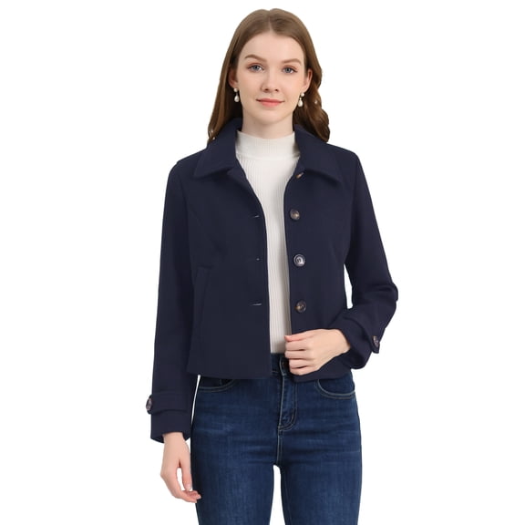 DARING DIVA Women's Turn Down Collar Single Breasted Outwear Winter Pea Coat Navy Blue S