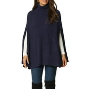Unique Bargains Women's Turtleneck Fashion Chunky Knit Cape Sweater S Dark Blue
