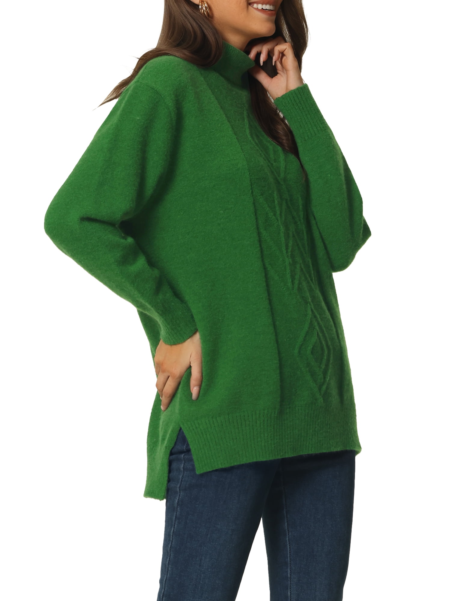 Unique Bargains Women's Turtleneck Long Sleeve Spilt Hem Tunic Pullover Sweater M Green