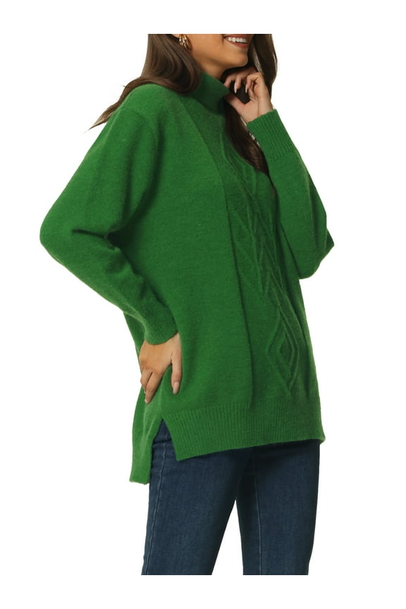 Women's Turtleneck Long Sleeve Spilt Hem Tunic Pullover Sweater M Green
