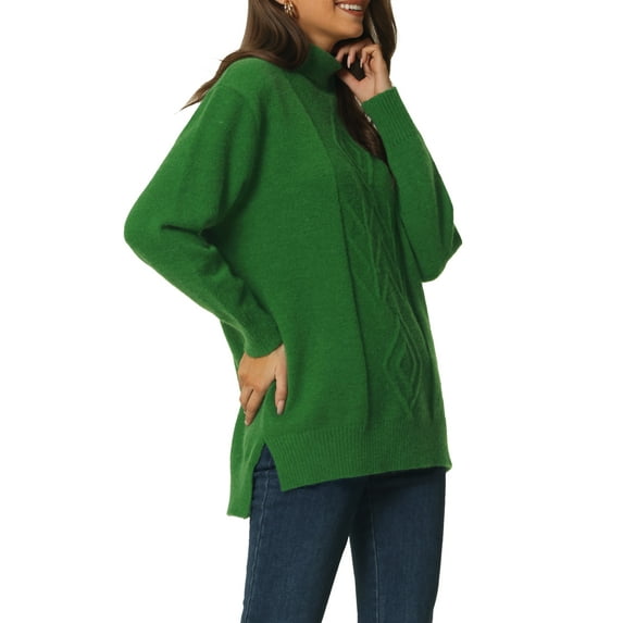 Unique Bargains Women's Turtleneck Long Sleeve Spilt Hem Tunic Pullover Sweater S Green