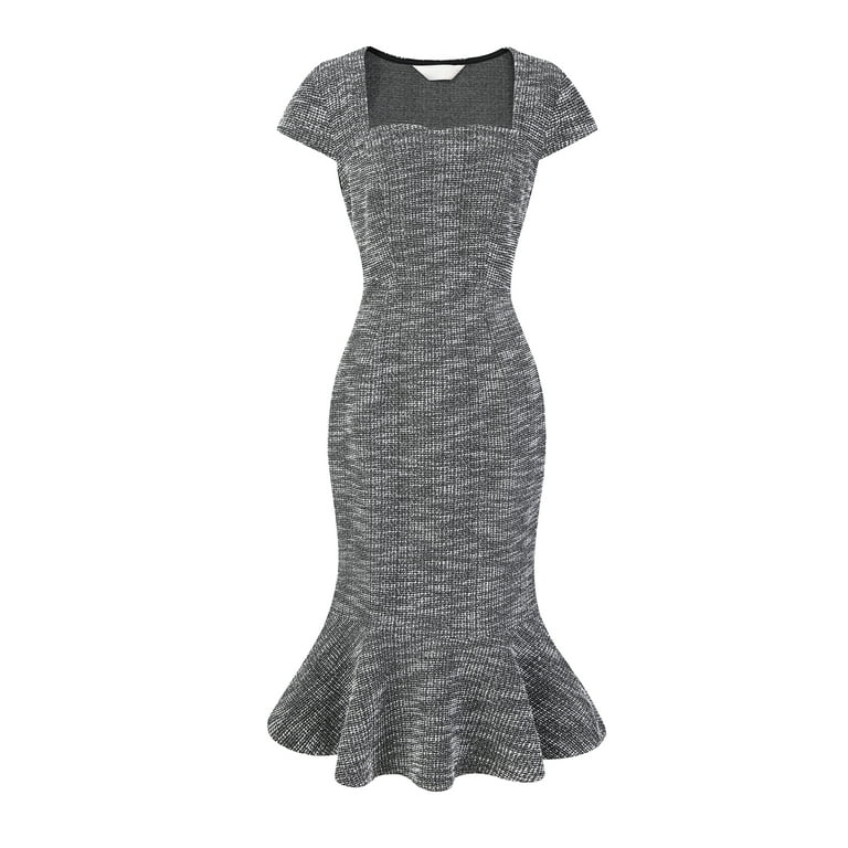 Unique Bargains Women’s Tweed Fishtail Square Neck Cap Sleeve