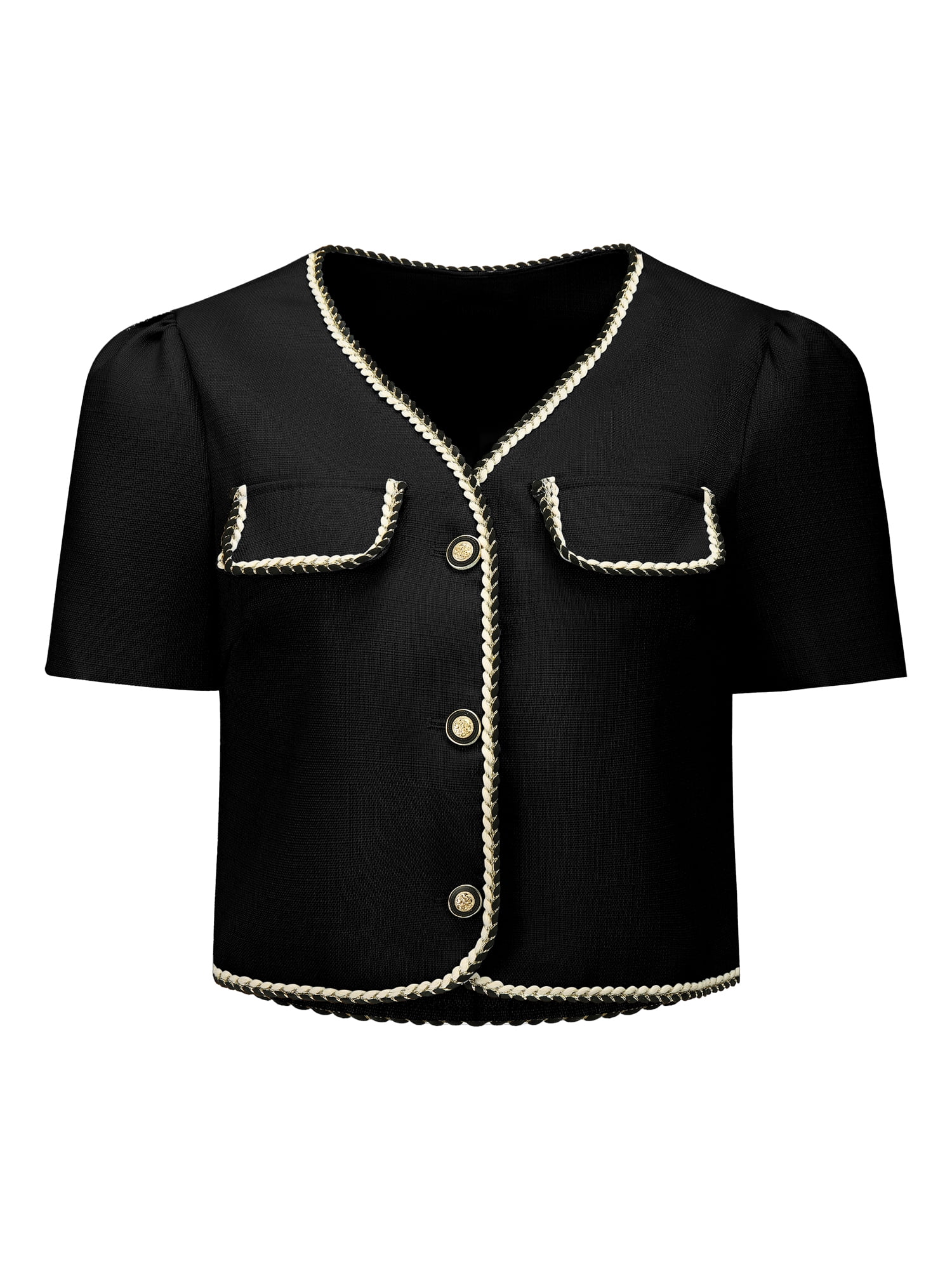 DARING DIVA Tweed Contrast Color Button Down Short Sleeve Blazer 2XL Black