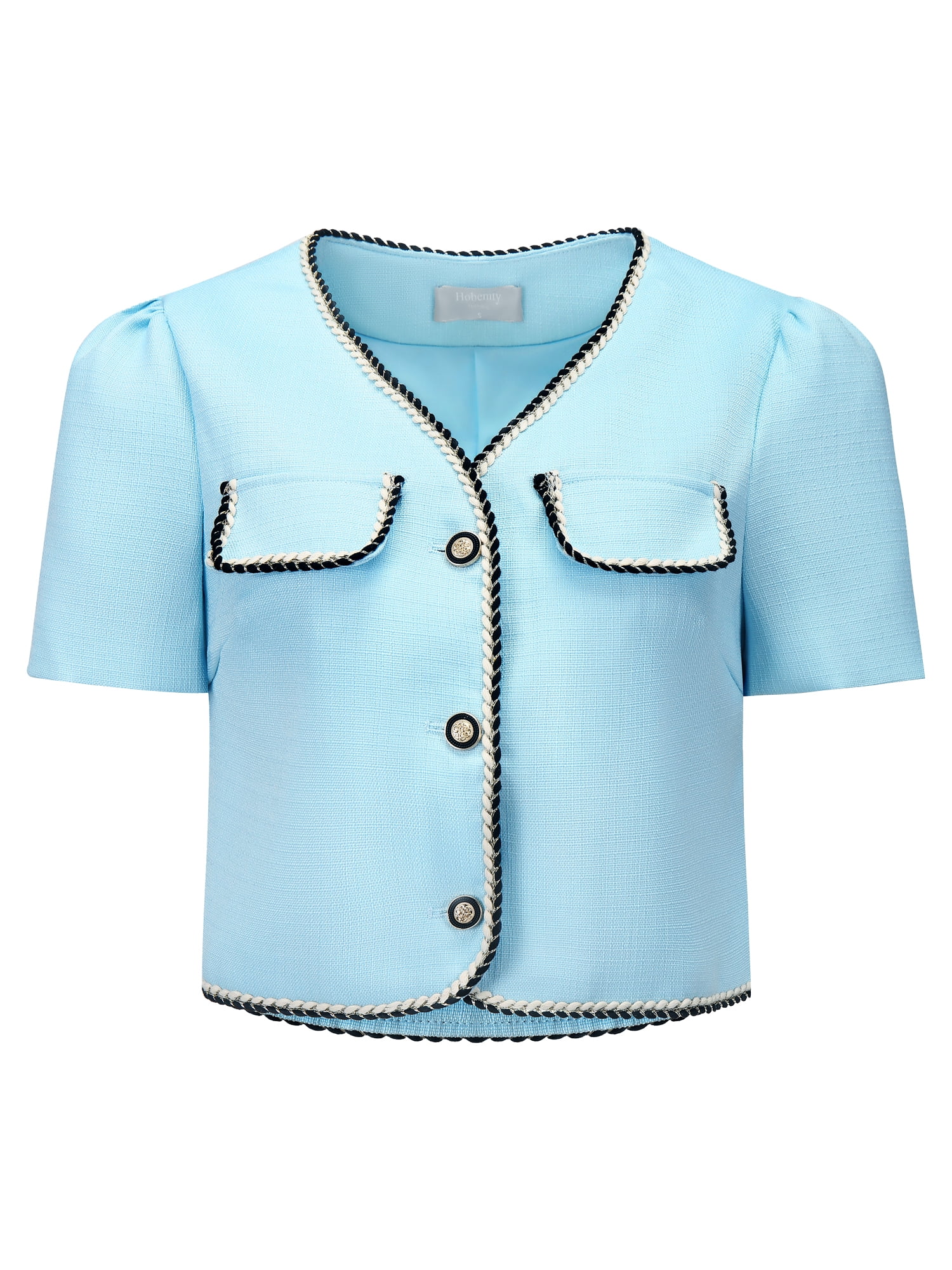 DARING DIVA Tweed Contrast Color Button Down Short Sleeve Blazer L Light Blue
