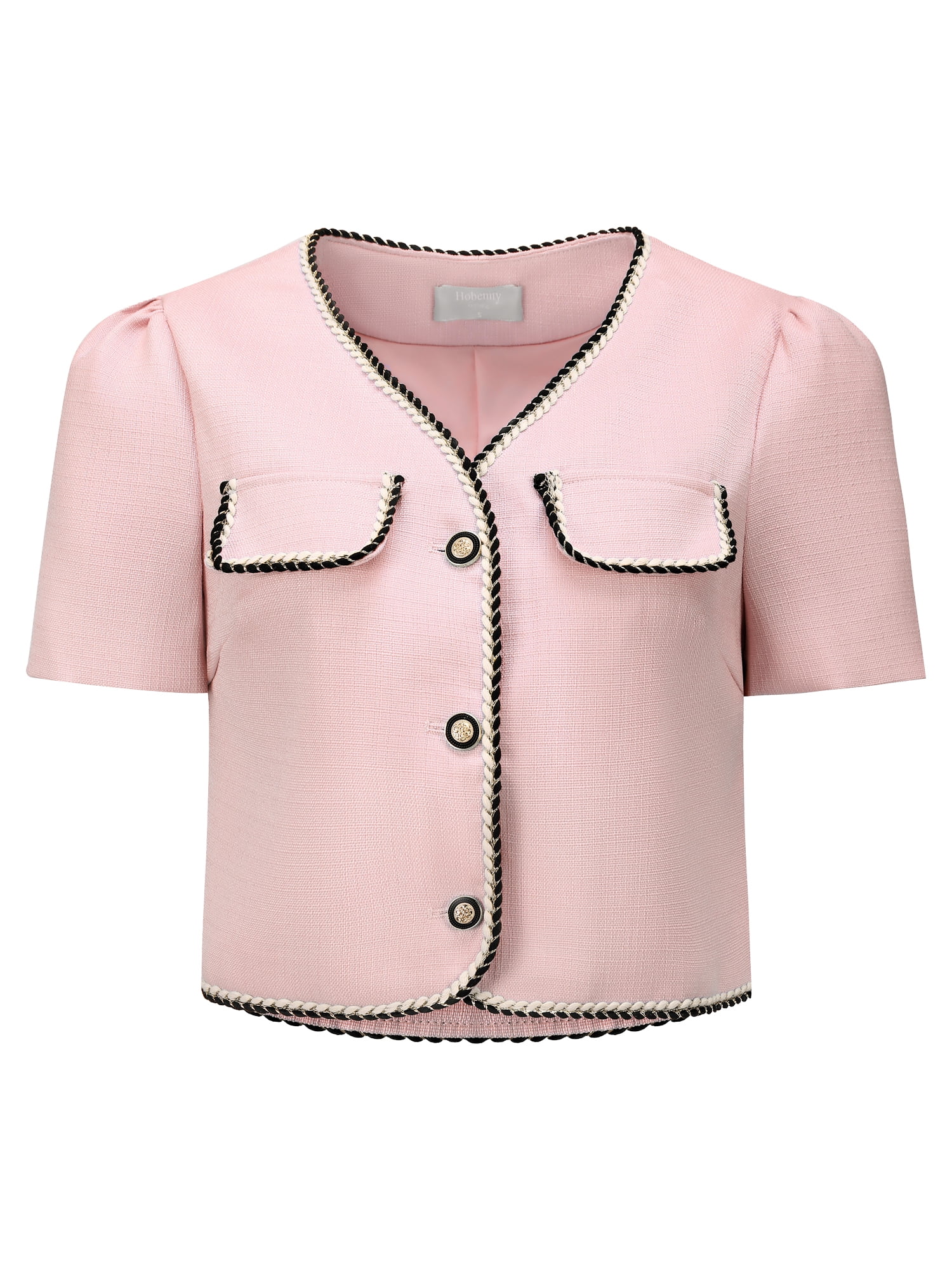 DARING DIVA Tweed Contrast Color Button Down Short Sleeve Blazer L Pink
