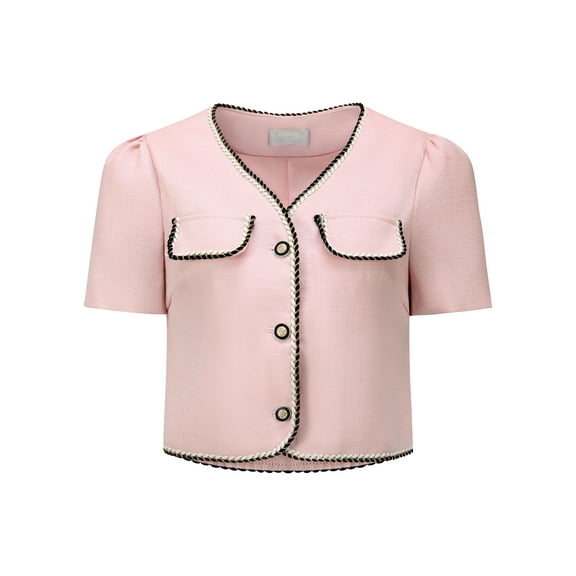 DARING DIVA Tweed Contrast Color Button Down Short Sleeve Blazer L Pink