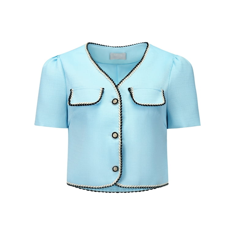 Unique Bargains Women s Tweed Jacket Contrast Color Button Down Short Sleeve Blazer M Light Blue Size Medium