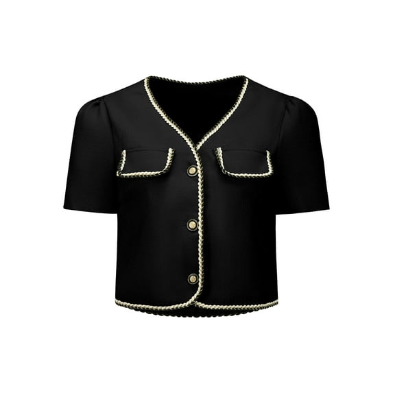 DARING DIVA Tweed Contrast Color Button Down Short Sleeve Blazer S Black