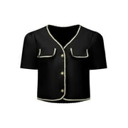 Unique Bargains Women's Tweed Jacket Contrast Color Button Down Short Sleeve Blazer S Black