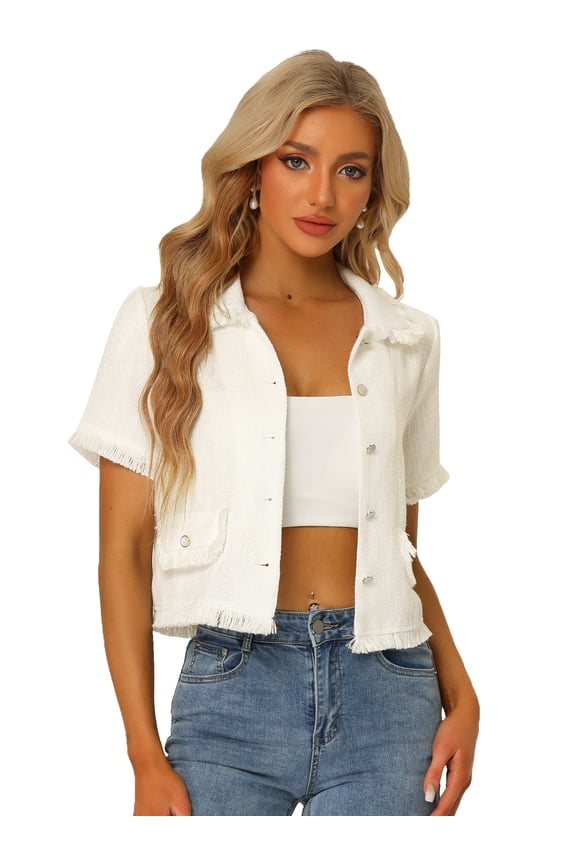 Women's Tweed Shirt with Tassel Cropped Short Sleeve Shirt L White