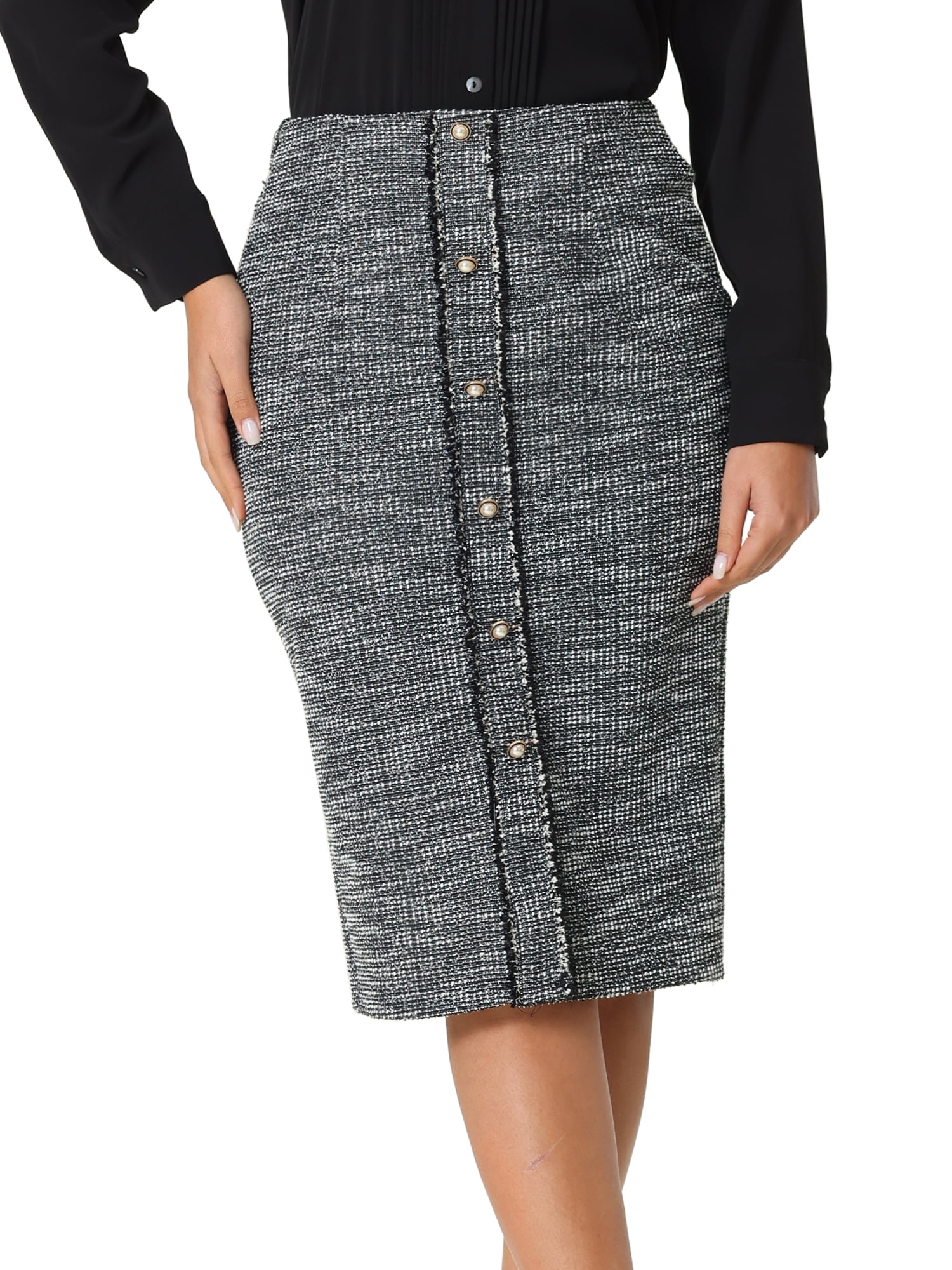 Unique Bargains Women's High Waist Tweed Pencil Skirt XL Black