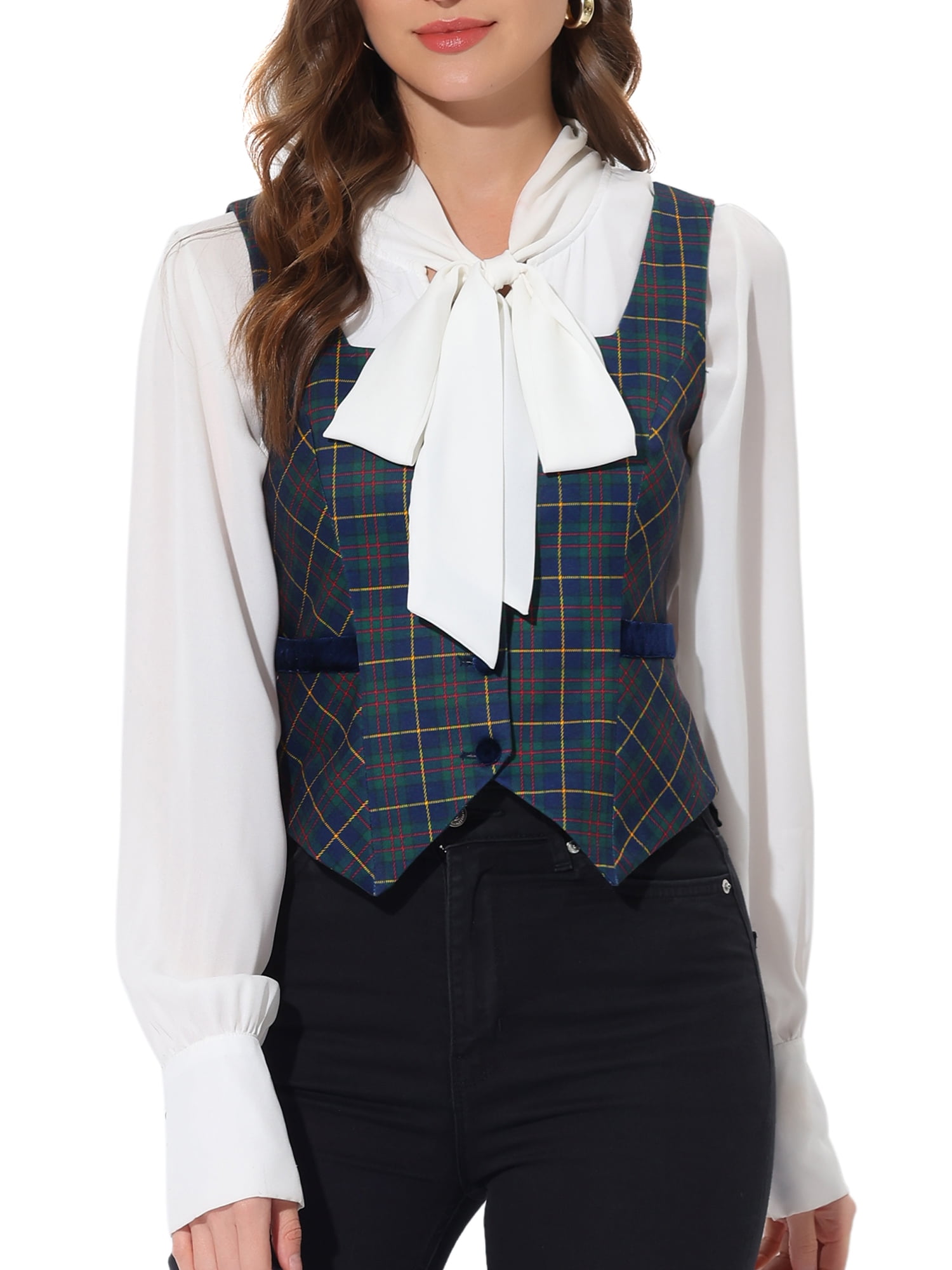 Unique Bargains Women's Green Tweed Plaid Waistcoat Vest Faux