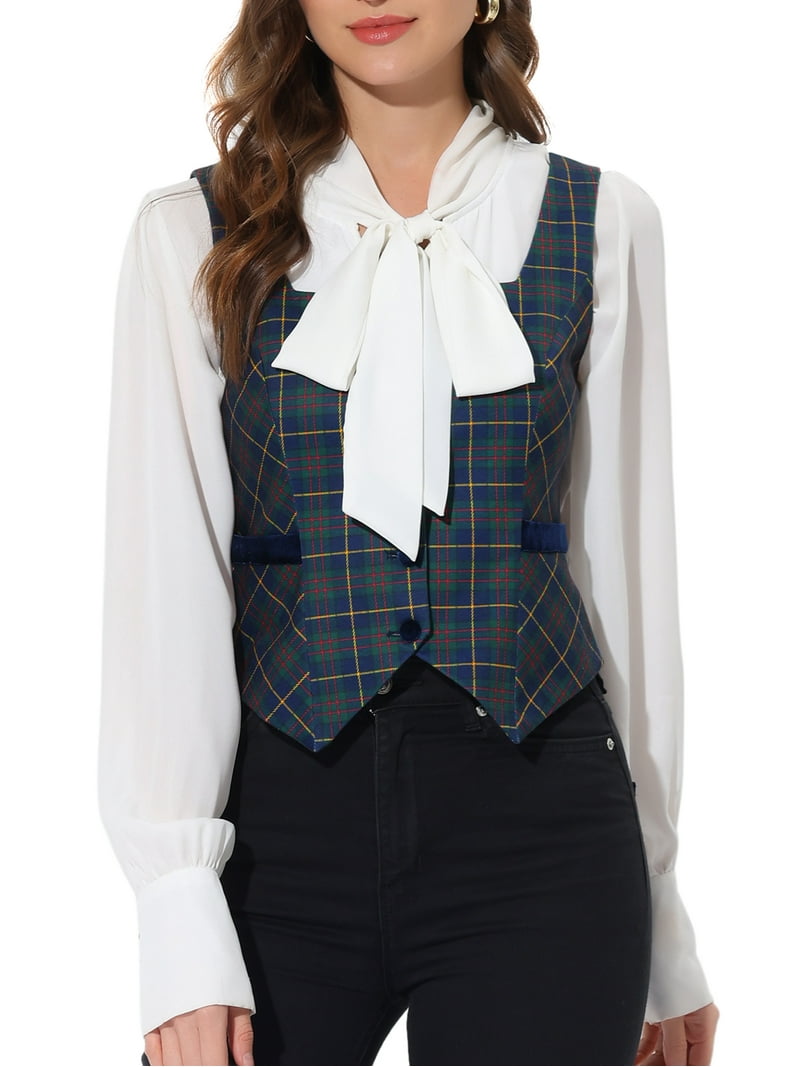 Unique Bargains Women's Green Tweed Plaid Waistcoat Vest Faux