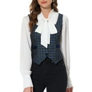Unique Bargains Women's Tweed Square Neck Plaid Waistcoat Vest