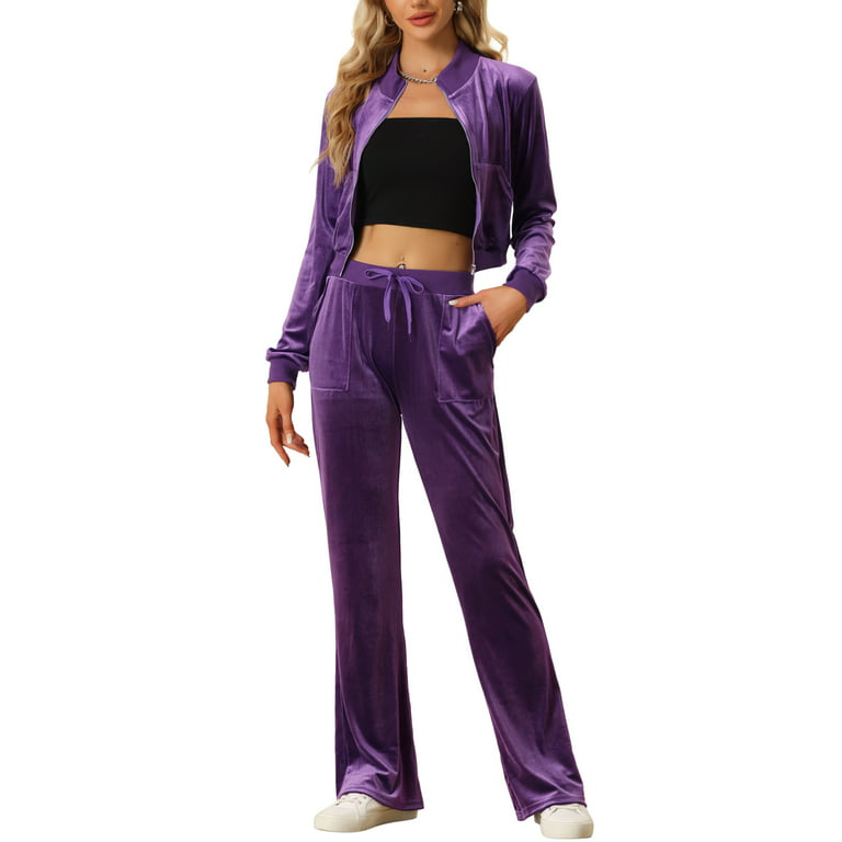 Unique Bargains Women's Two Piece Outfits Crop Zip Jacket Flare Pants Set  Tracksuit M Purple 