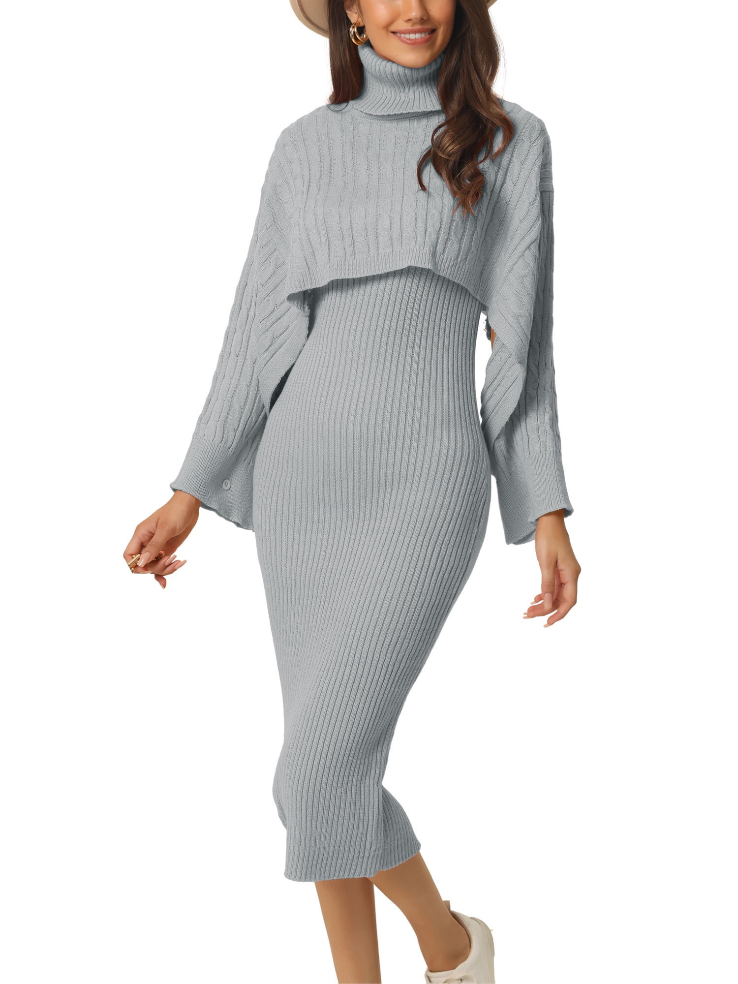 Unique Bargains Women s Two Piece Outfits Knitted Turtleneck Tank Bodycon Dress Set S Light Grey Walmart