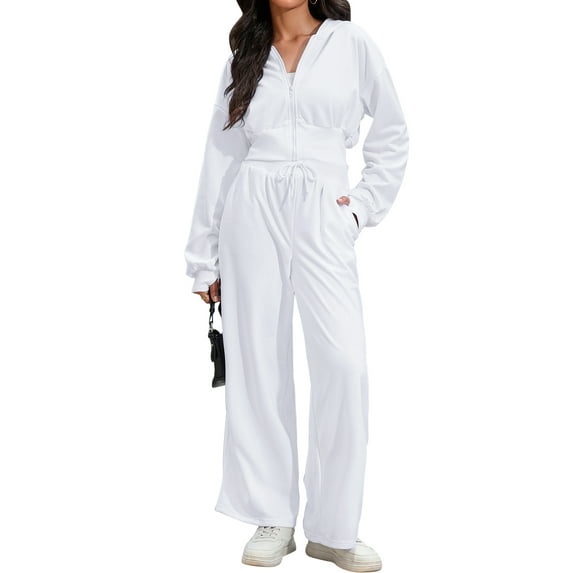 Unique Bargains Women's Two Pieces Tracksuit Set Cropped Hoodie and Pants L White