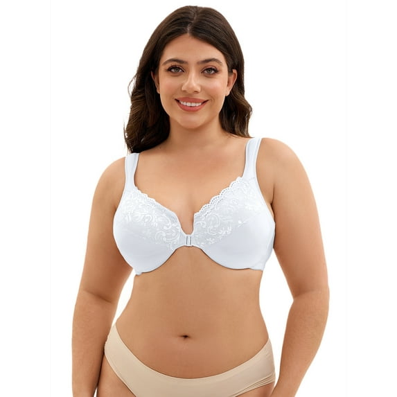 Unique Bargains Women's U Back Front Closure Lace Trim Underwire Plunge Bras L White