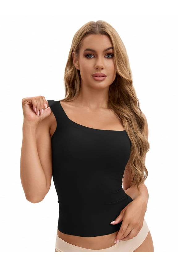 Women's U Back Tank Tops with Built-In Bra for Everyday Wear L Black