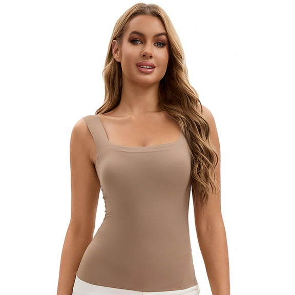 Unique Bargains Women's U Back Tank Tops with Built-In Bra for Everyday Wear L Coffee