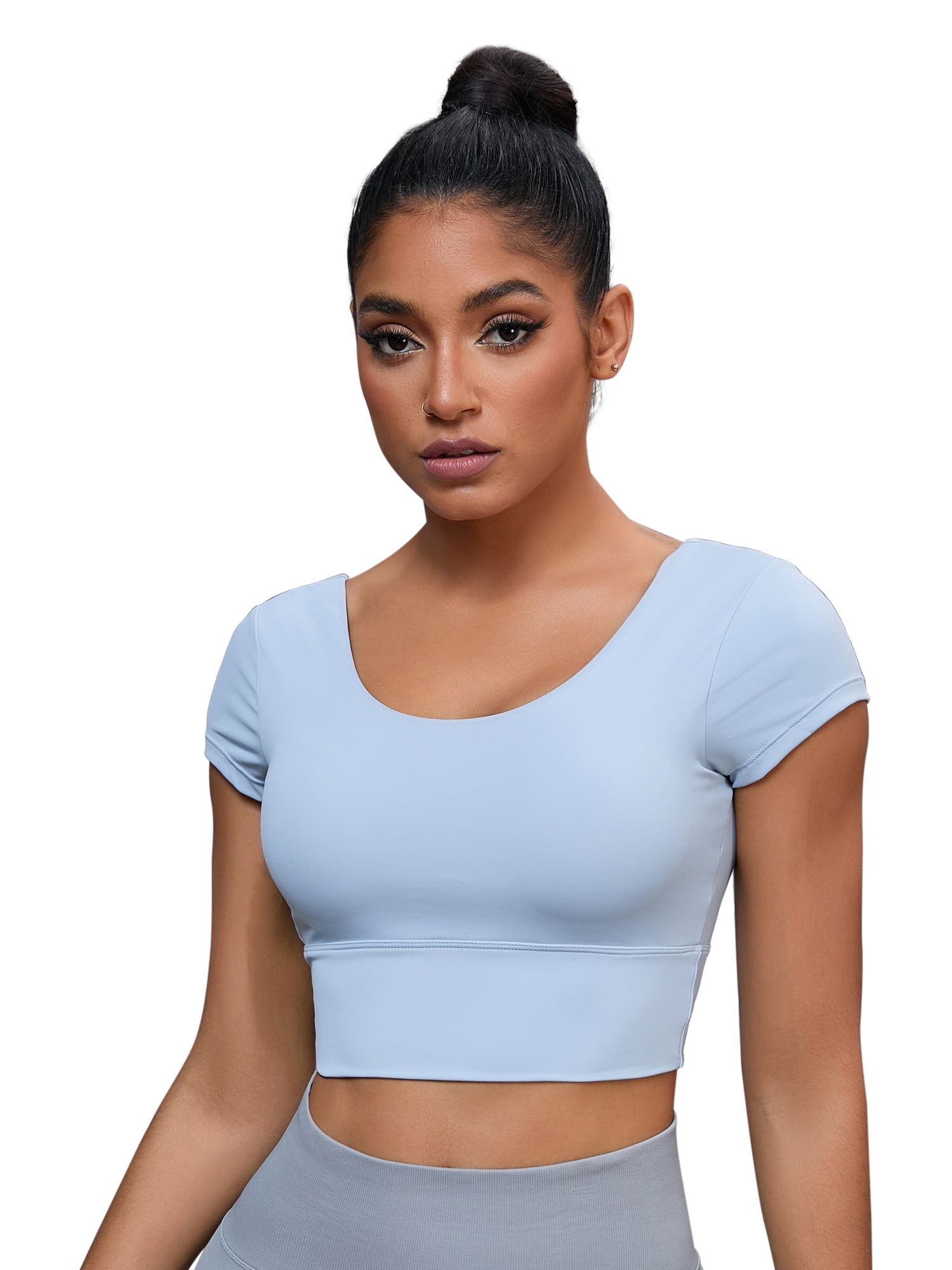 Unique Bargains Women's U Neck Short Sleeve T Shirt Workout Top With Bulit In Bra M Blue