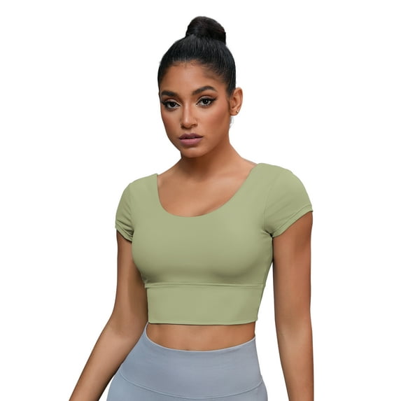 Unique Bargains Women's U Neck Short Sleeve T Shirt Workout Top With Bulit In Bra S Green