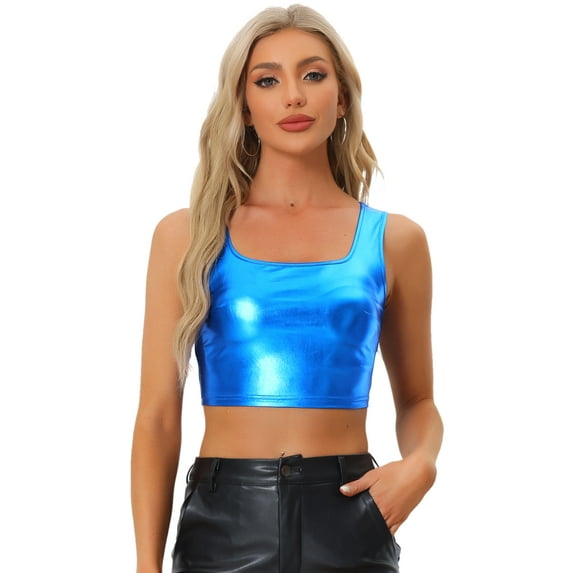 Unique Bargains Women's U Neck Sleeveless Party Clubwear Shiny Metallic Crop Top S Royal Blue