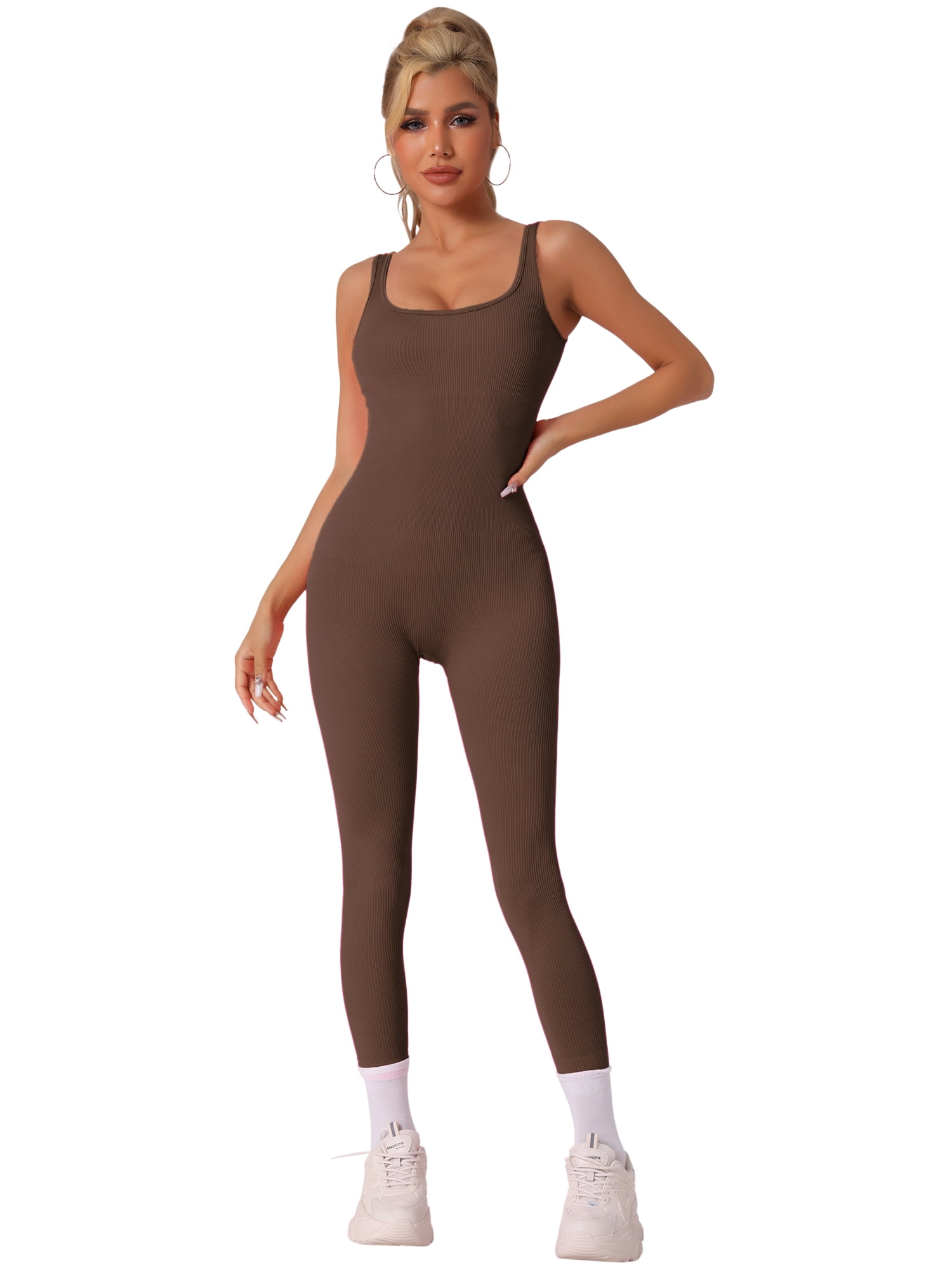 DARING DIVA U Neck Tummy Control Workout Sleeveless Bodysuit M Brown