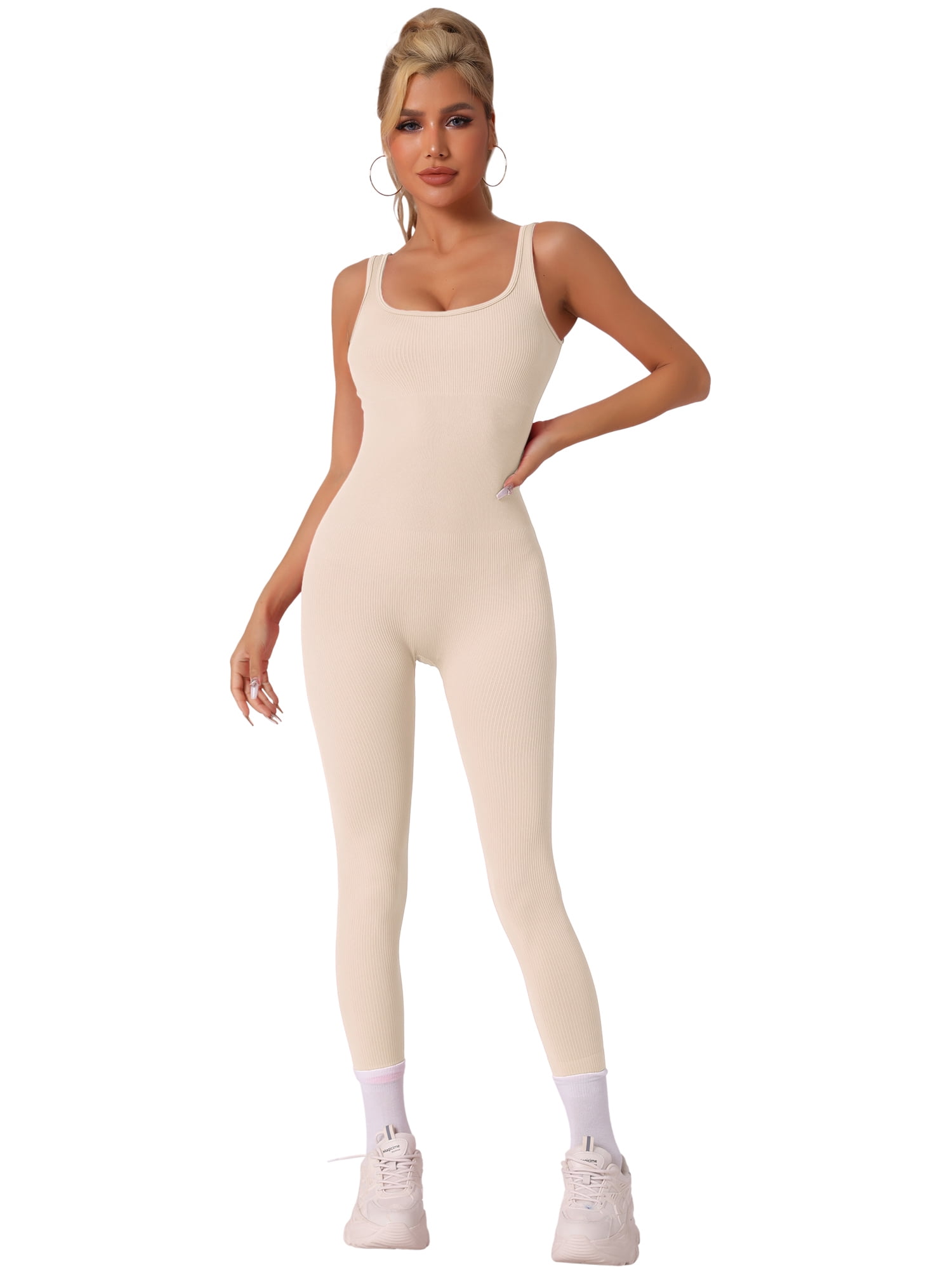 DARING DIVA U Neck Tummy Control Workout Sleeveless Bodysuit S Beige