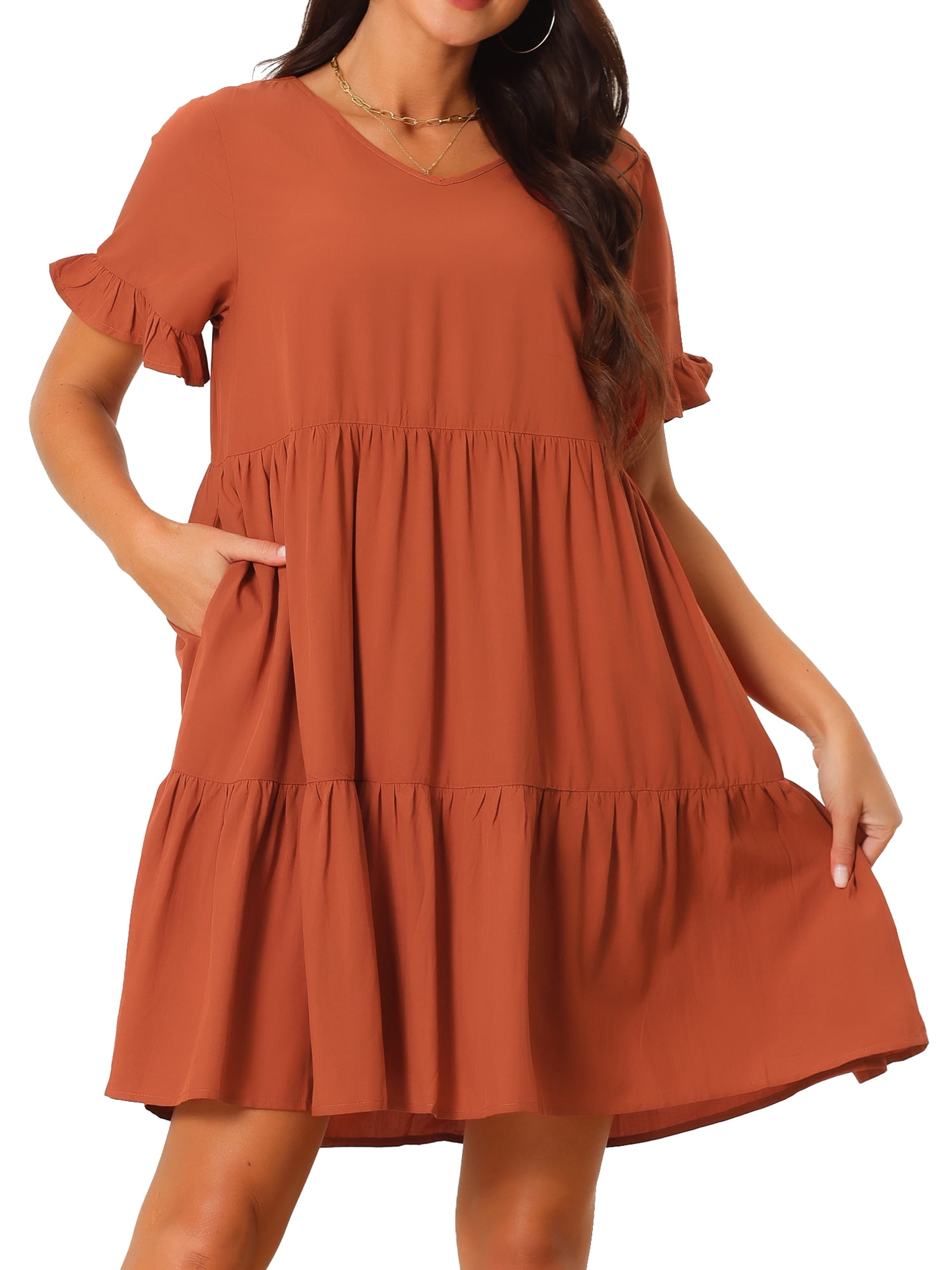 Unique Bargains Women's V Neck Ruffle Short Sleeve Dress with Pockets M Brick Red