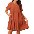 thumbnail image 1 of Unique Bargains Women's V Neck Ruffle Short Sleeve Dress with Pockets S Brick Red, 1 of 6