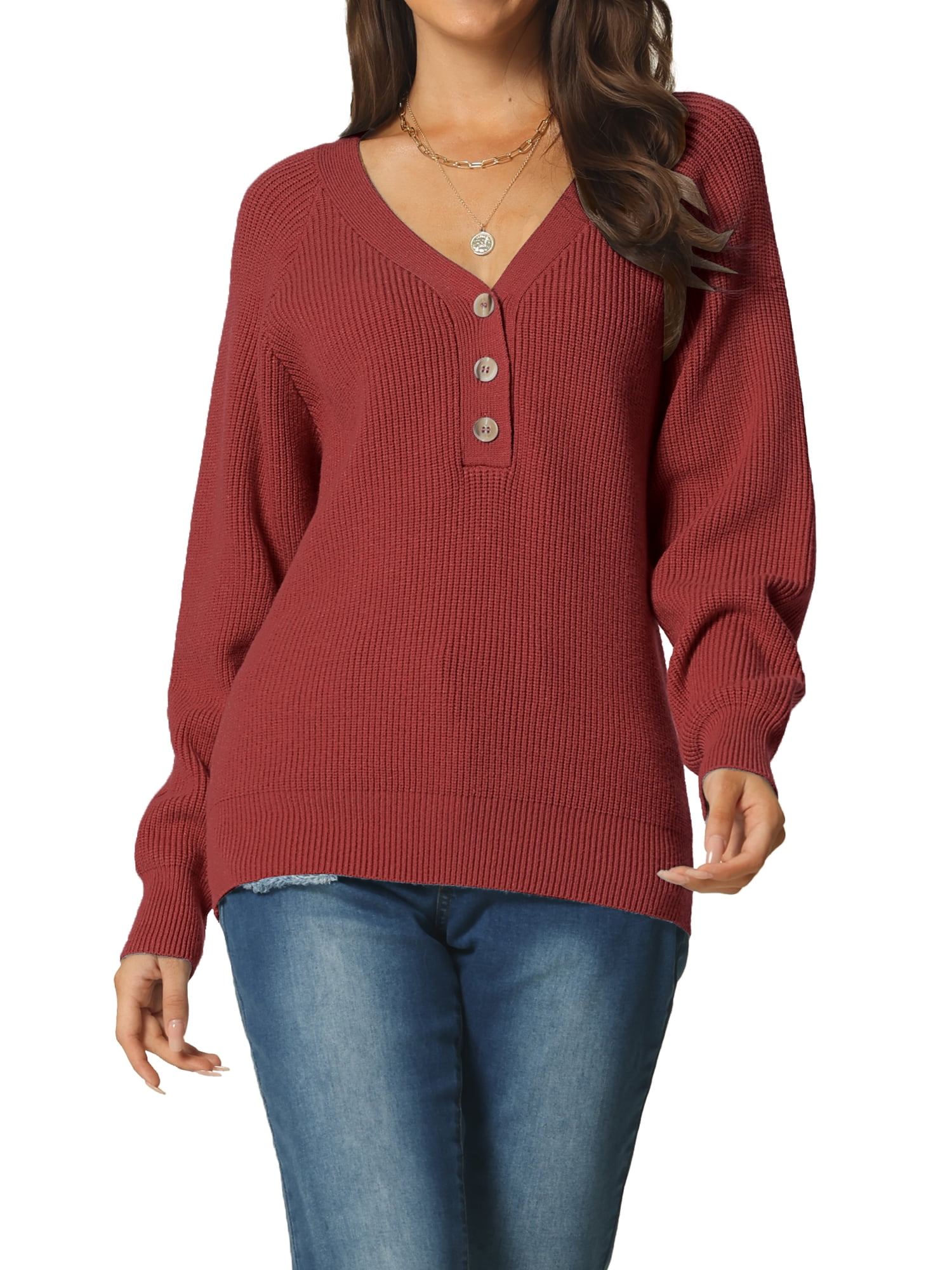 Women's V Neck Button Up Long Sleeve Ribbed Knit Loose Chunky Warm Pullover Sweater Top L Wine Red
