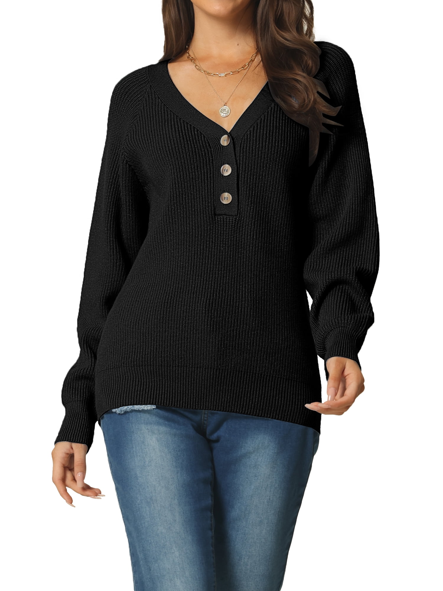 Women's V Neck Button Up Long Sleeve Ribbed Knit Loose Chunky Warm Pullover Sweater Top M Black