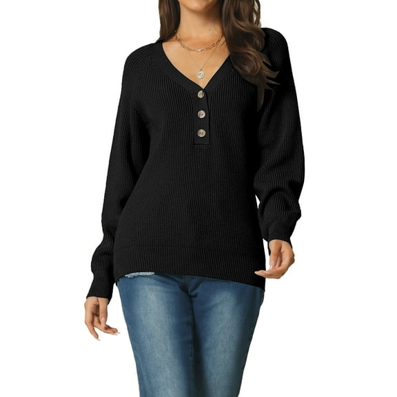 Women's V Neck Button Up Long Sleeve Ribbed Knit Loose Chunky Warm Pullover Sweater Top M Black